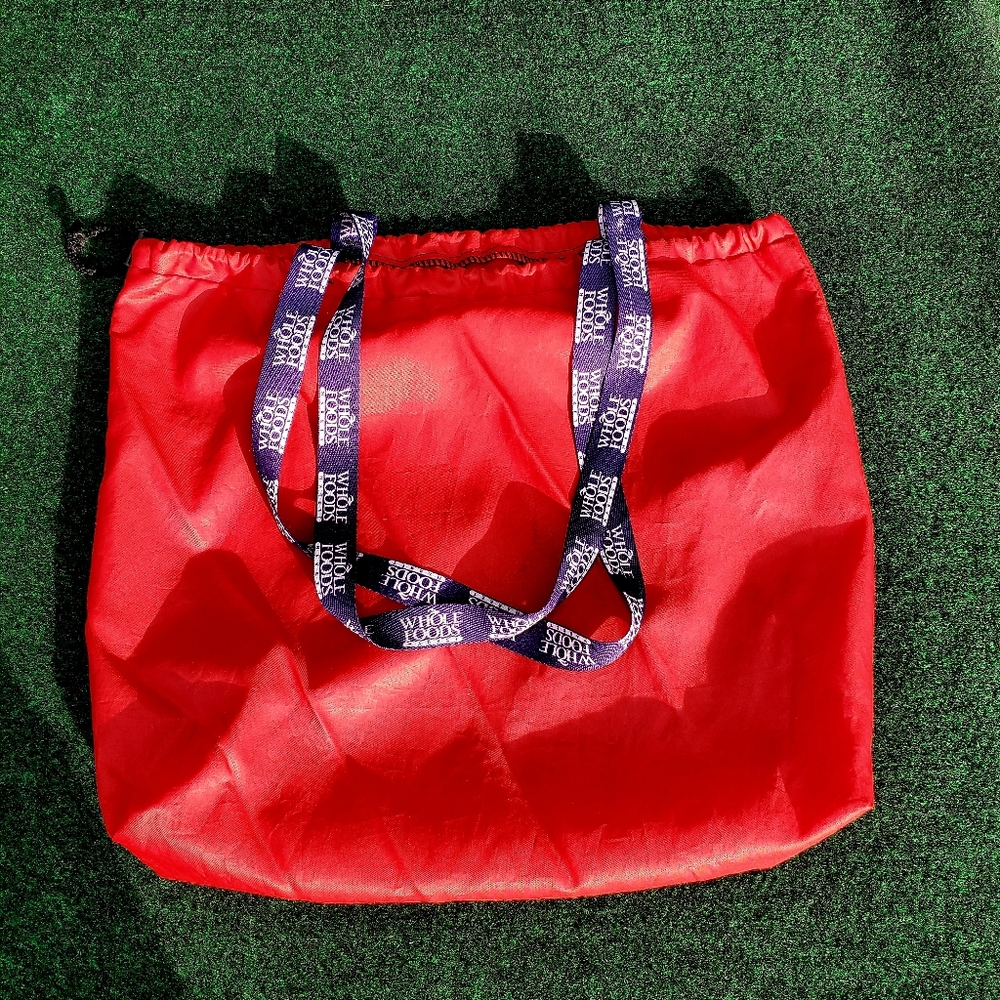 Whole Foods Reusable Bag Nylon Drawstring Red with Purple Handles Made In USA